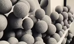 a bunch of balls are stacked up on a wall