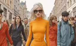 a model with multiple types of hair walks through the streets