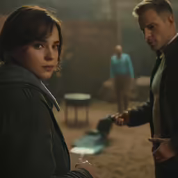 two people stand talking near a shack