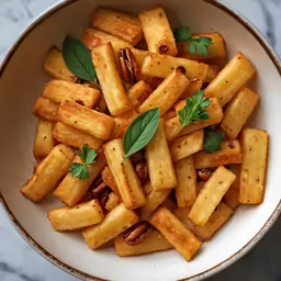 a bowl filled with french fries topped with a sprig of green leaves