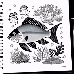 a spiral notebook with fish, sea plants and corals on the cover,drawing of fish in a seaweed pattern on paper,a black and white drawing of a fish,an image of fish and corals in the sea,a spiral notebook with an image of fish and corals