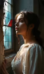 a woman in a white dress is near a window