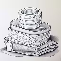 drawing of stacks of plates and bowls on a bed,some cups stacked up on top of a table
