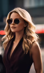 the blonde woman is walking down the street wearing her sunglasses
