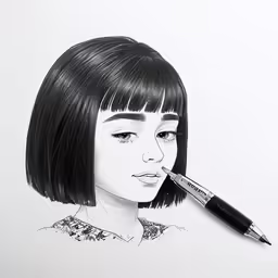 a young woman is holding a pencil in her mouth