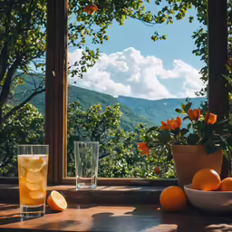 a glass and plate filled with food sitting on a table near a bowl of oranges