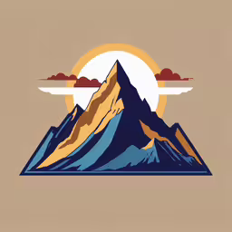 a mountain landscape is featured in this illustration,the mountain top, with a yellow and blue sun on it