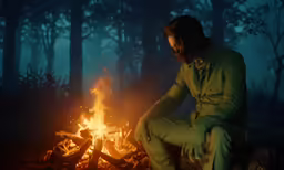 a man in a green suit sits at the edge of a campfire in a dark forest