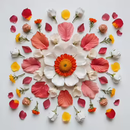 a variety of flowers lay on the white surface
