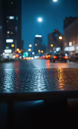 a metal table top with lights on the back ground