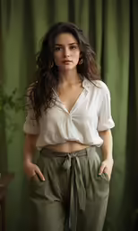 a woman poses for the camera in a white top and green pants