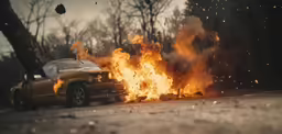 a yellow sports car is on fire next to another