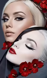 a woman with long hair, a crown and red lipstick
