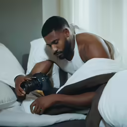 a man in white shirt holding camera and sitting on a bed