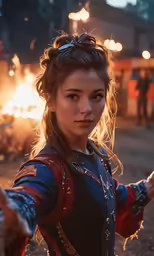 a young girl in medieval clothing holding up two torches