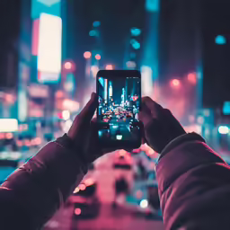 someone taking a picture of a city street at night