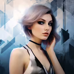 a painting of a blonde woman with an eye makeup and a black choker,a woman with blond hair posing in front of a blue background