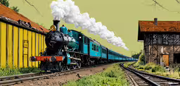 there is an image of an old train passing by,an artistic painting of a train engine pulling its carriages through a rural area