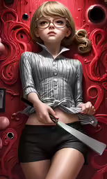 a painting of a woman with scissors next to red art deco