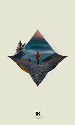 a man walking across a trail to the mountains