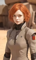 a girl with red hair standing on a field