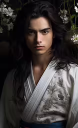 a man in a white kimono with flowers,a man wearing white kimono and florals