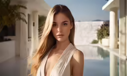 a beautiful blonde wearing a white dress near a pool