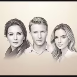 the faces of three people on beige background