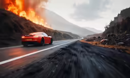 a red car driving down a highway in front of a large blaze