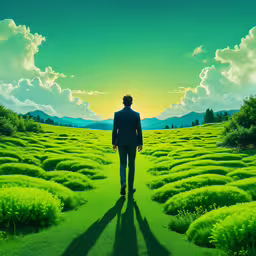 a man is standing in the middle of the field,the back of a person standing in front of a field