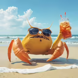 a crab on the beach wearing sunglasses, and holding a drink
