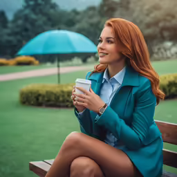an orange - haired woman in green sits on a bench holding a coffee cup and looking away from the camera