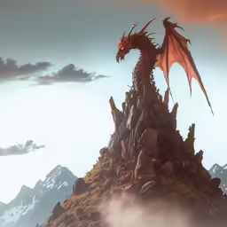 a dragon is flying over a rocky mountain