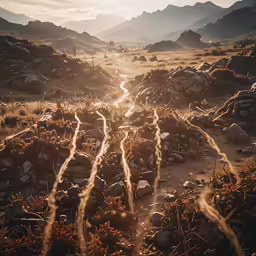 the sun is shining through rocky terrain with a trail