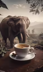 an elephant walking past a cup of coffee