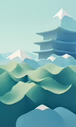 an abstract painting with an ocean and buildings