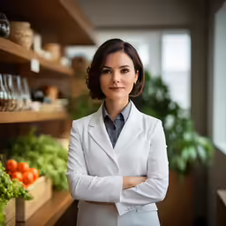 a woman standing next to a bunch of produce