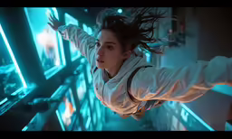 a woman is in the air, with long hair