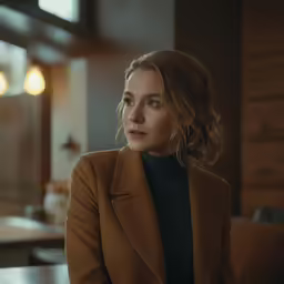 a woman in a brown jacket looking off to the side