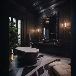 a large bath tub sitting under a bathroom mirror