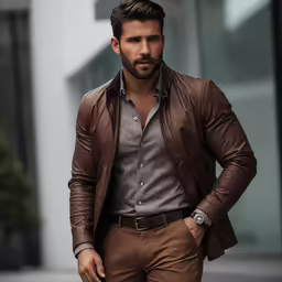 a man wearing a brown leather jacket stands outdoors in front of a building