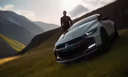 a man standing next to the front of an exotic sports car