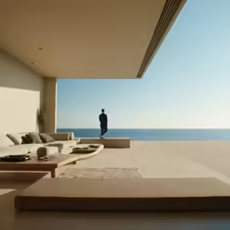 man looking out over the ocean from a living room