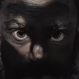 the face of a man with a black goatee and brown eye, in a dark background