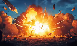 a big fire with lots of rocks and a sky background