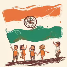some kids and an indian flag painted on a white sheet