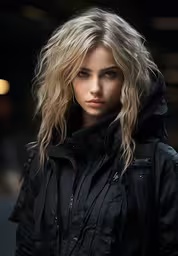a woman wearing a black coat and standing in a dark room,a blond haired woman in black jacket looking at the camera
