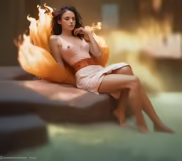 a female in an orange skirt sitting on some logs