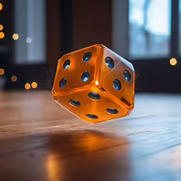 a golden dice sits on top of a wood table