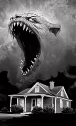 a large predatory shark over a house